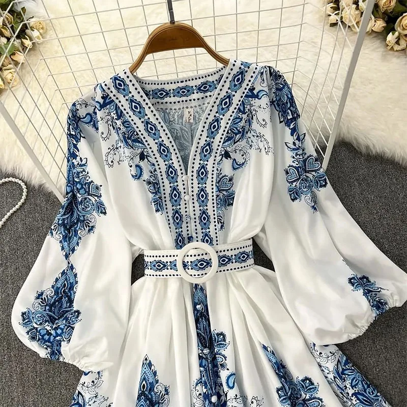 Spring Summer Dress Women's Fashion Printed Lantern Sleeve High Waist Dress Women's V-neck Single Breasted Mini Dress