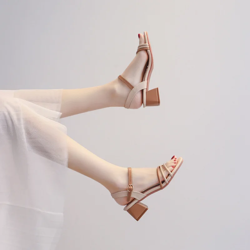 

Sandals for Women Office Work Ladies Shoes Block Heel Footwear Thick Black Summer 2025 with Medium Heels Open Toe Chunky Casual