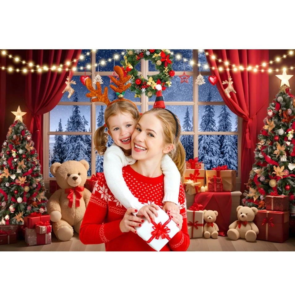 Christmas Toy Bear Backdrop Gifts Xmas Tree Window Christmas Baby Kids Portrait Family Party Decoration Photography Background