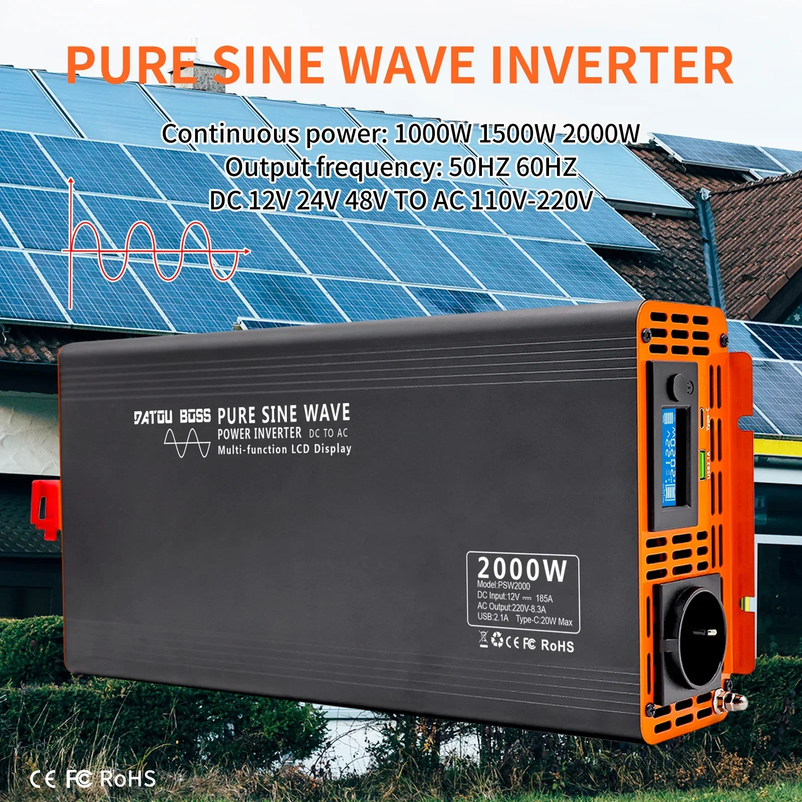 DATOUBOSS PSW Series Sine Wave Inverter DC12V~72V To AC Solar Power Converter Portable USB Charger LCD Display Voltage Inverter