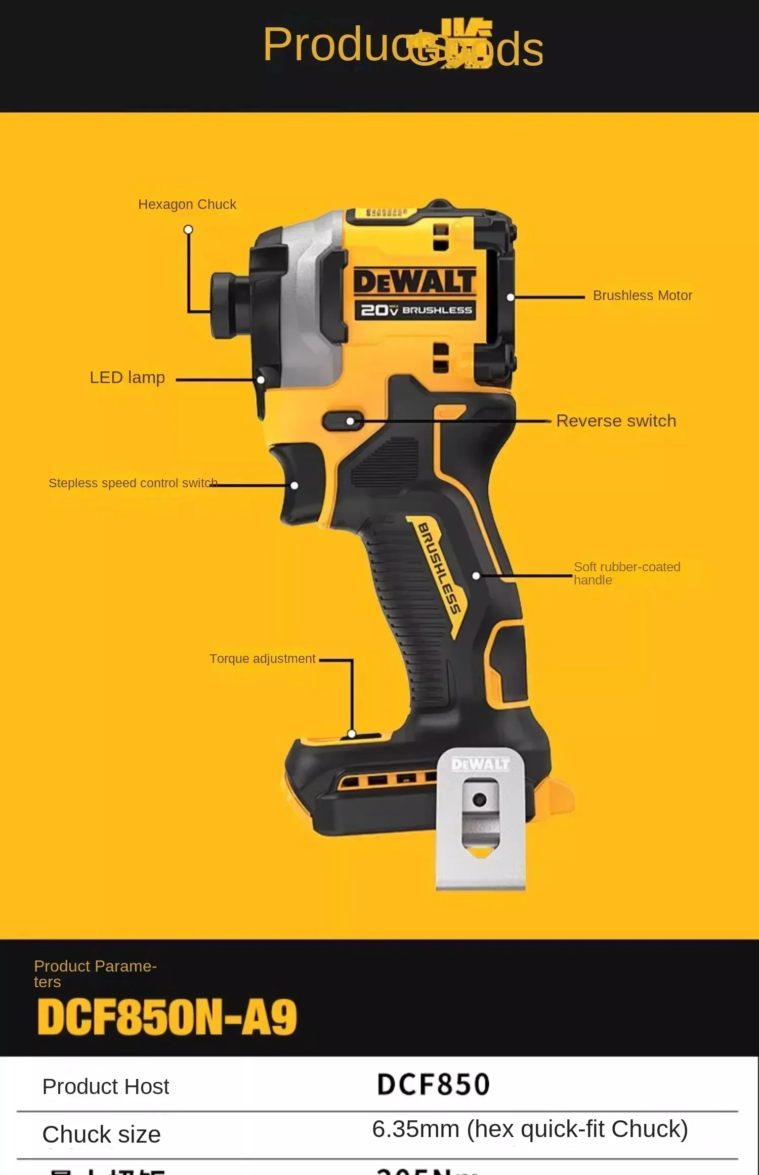 DEWALT DCF850 Impact Driver Electric Driver 20V Lithium Battery Brushless battery screwdrivers High Torque tools