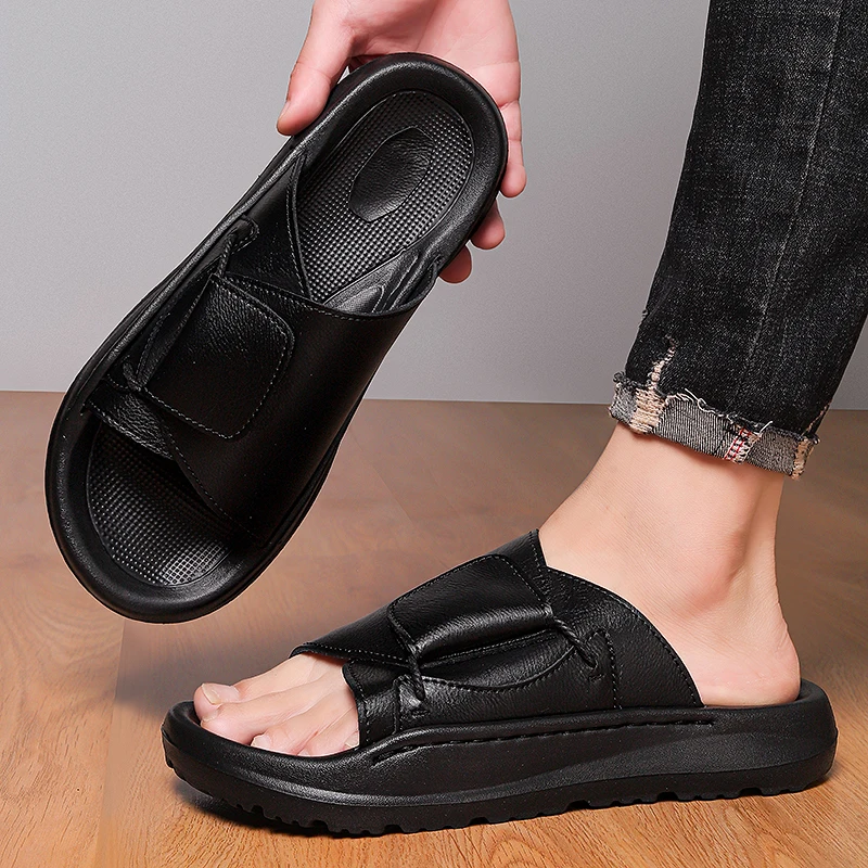 Leather Men's Slippers Slides Casual 2026 Summer Beach Sandals Luxury Designer Non-Slip Lightweight Flip Flops Outdoor Shoes view 2