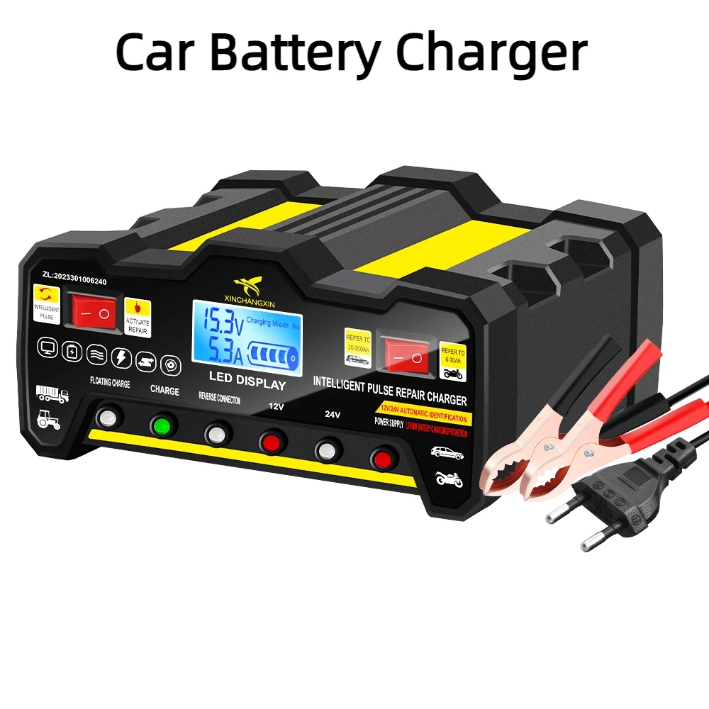 

Автомобильное зарядное устройство 220 Вт, интеллектуальное импульсное зарядное устройство для ремонта аккумуляторов, ЖК-дисплей для влажной и сухой свинцово-кислотной вилки европейского стандарта, полностью автоматическое 300 Ач