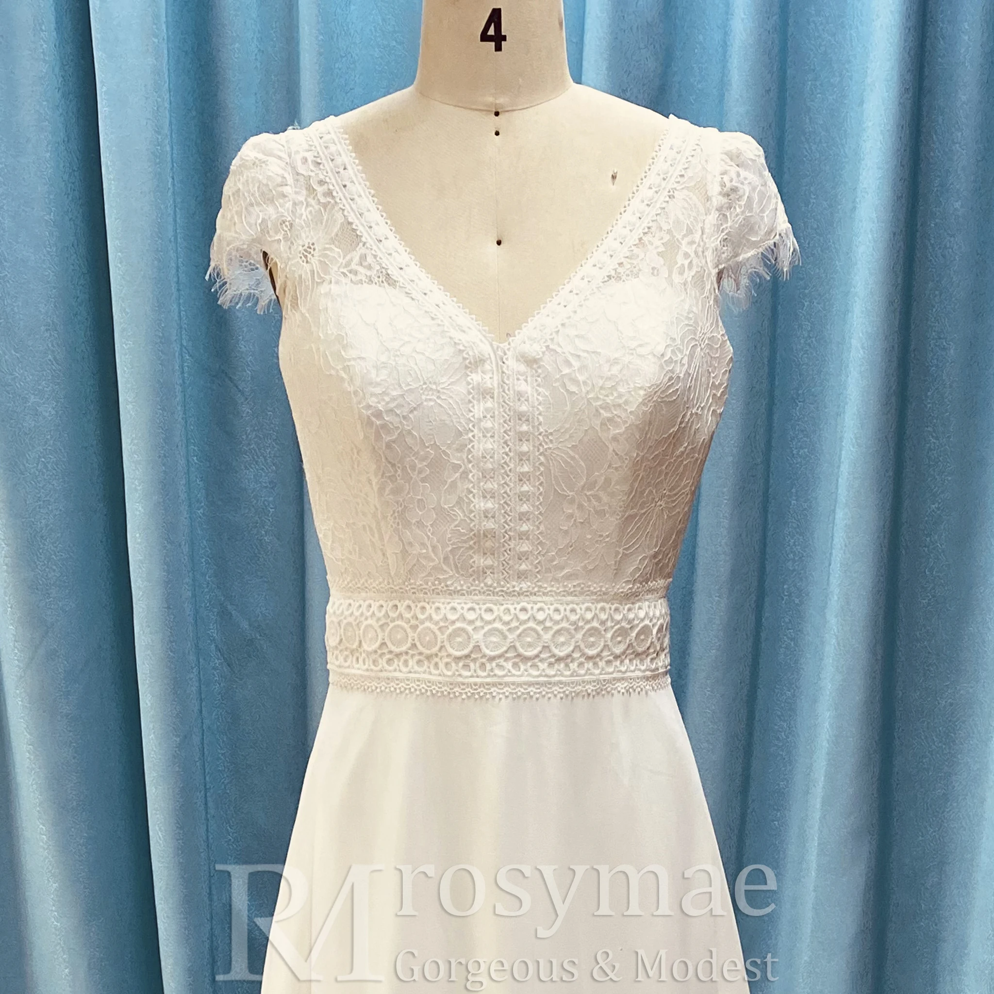 Gaun Pengantin Rosymae Elegan Model V-Neck Bahan Chiffon dengan Lengan Pendek untuk Calon Pengantin