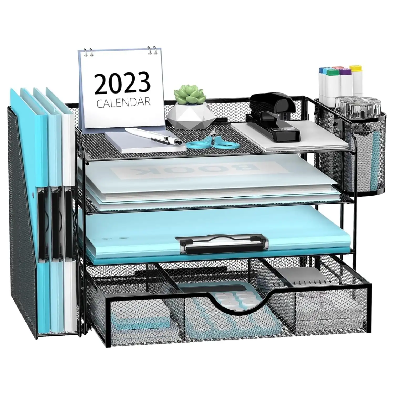 

4-уровневый металлический настольный органайзер с держателем для файлов, 1 ящиком, 2 держателями для ручек, органайзер для бумаги, черный