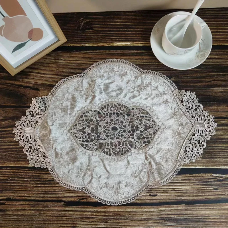 Luxury Oval European Velvet Fabric Embroidered Table Mat Coaster Bonsai Locker Vases And Flowerpots Cover Tea Party Decoration