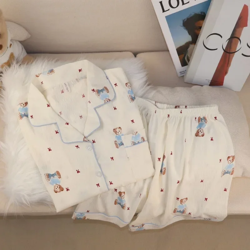 

Pajamas Ladies Short Sleeve Shorts Cardigan Lapel Cartoon Bear Cute Plus Size White Sleepwear Homewear Women's Nightwear