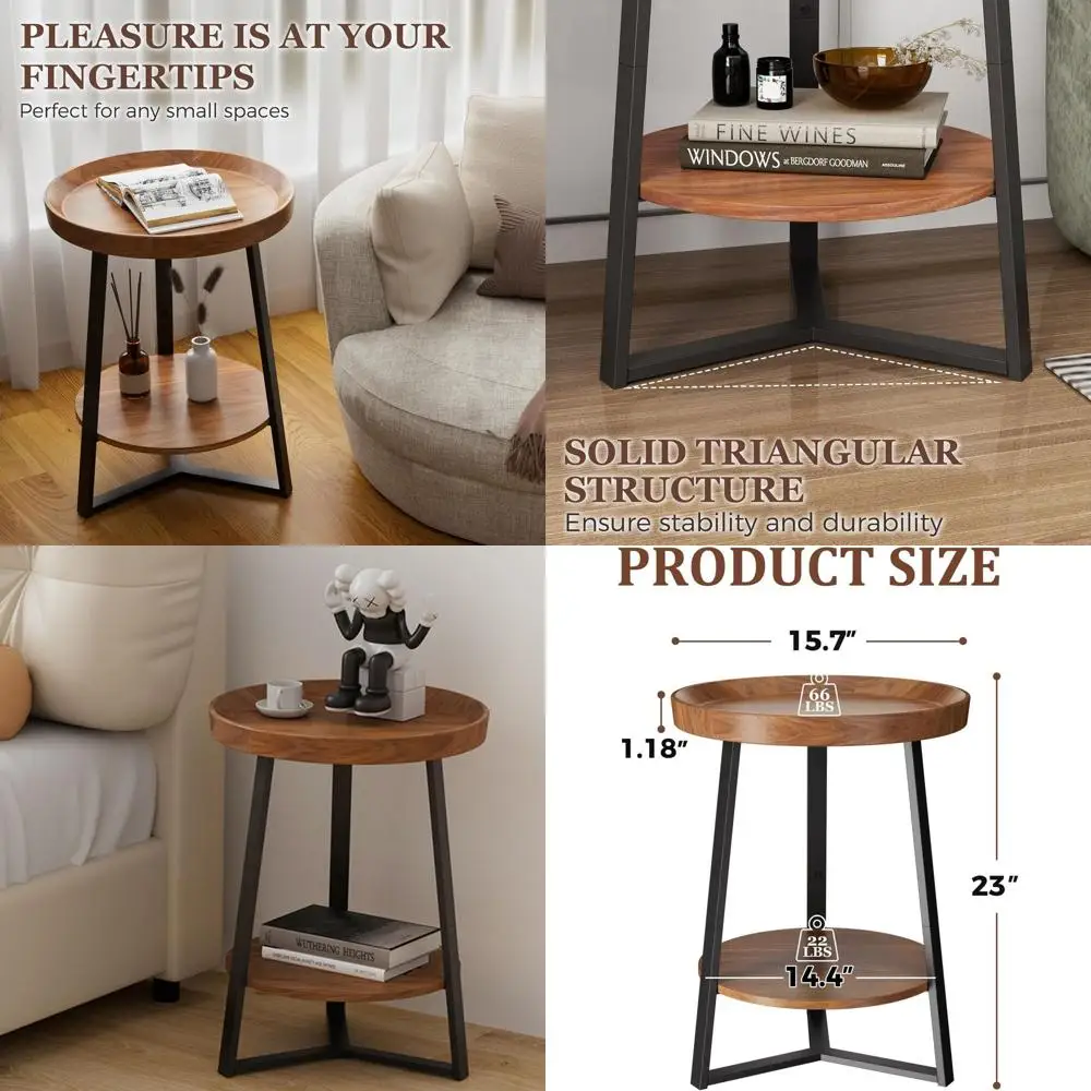 

2-уровневый приставной столик для хранения вещей с деревянной столешницей и черным металлическим каркасом, подходит для гостиной, спальни, 15,7x15,7x23 дюйма.