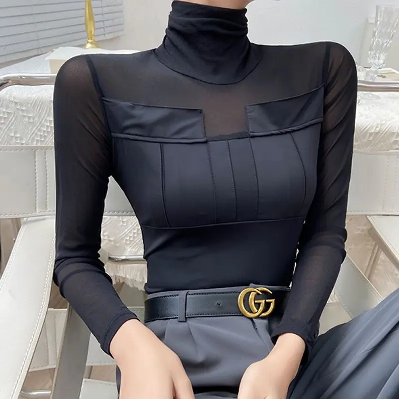 가을 여성을위한 하단 셔츠 인터넷 연예인 터틀넥 섹시한 약간 투명한 탑 다목적 하이 엔드 블랙 티셔츠