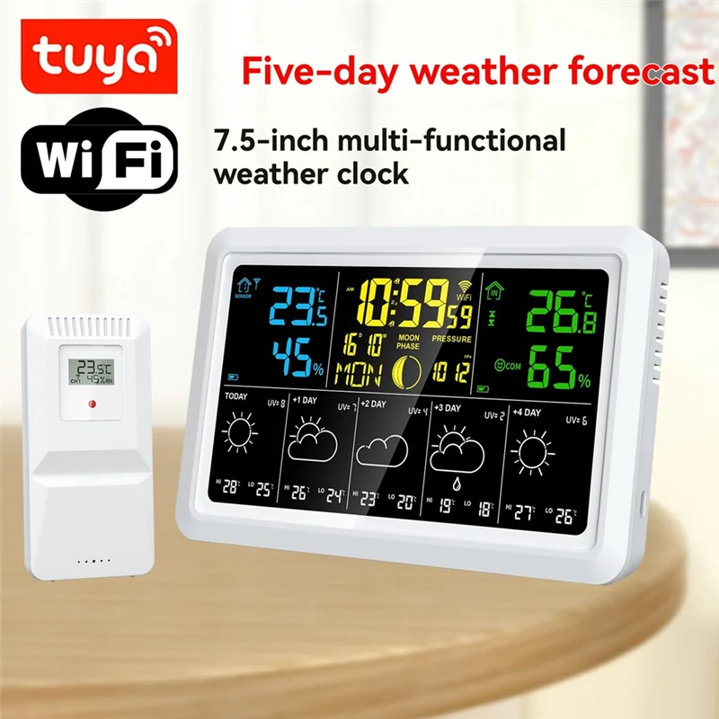 A03F-WIFI Stazione meteorologica multifunzione Tuya Misuratore di umidità della temperatura della qualità dell'aria Orologio meteorologico con pressione dell'aria a fase lunare