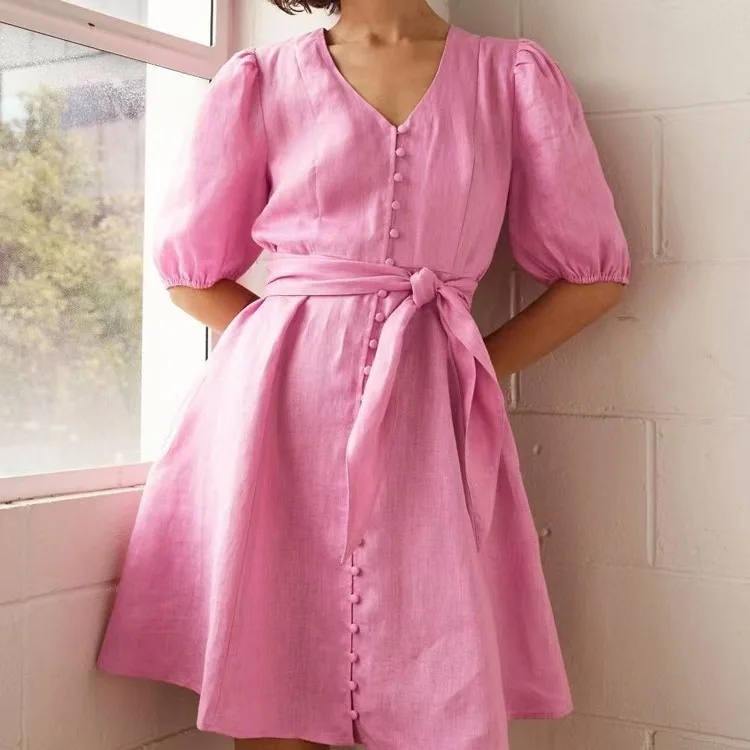 Faionable V-ne Bubble Sve ort Dr Gonna a trapezio a vita alta con cintura in cotone Dr Abbigliamento quotidiano