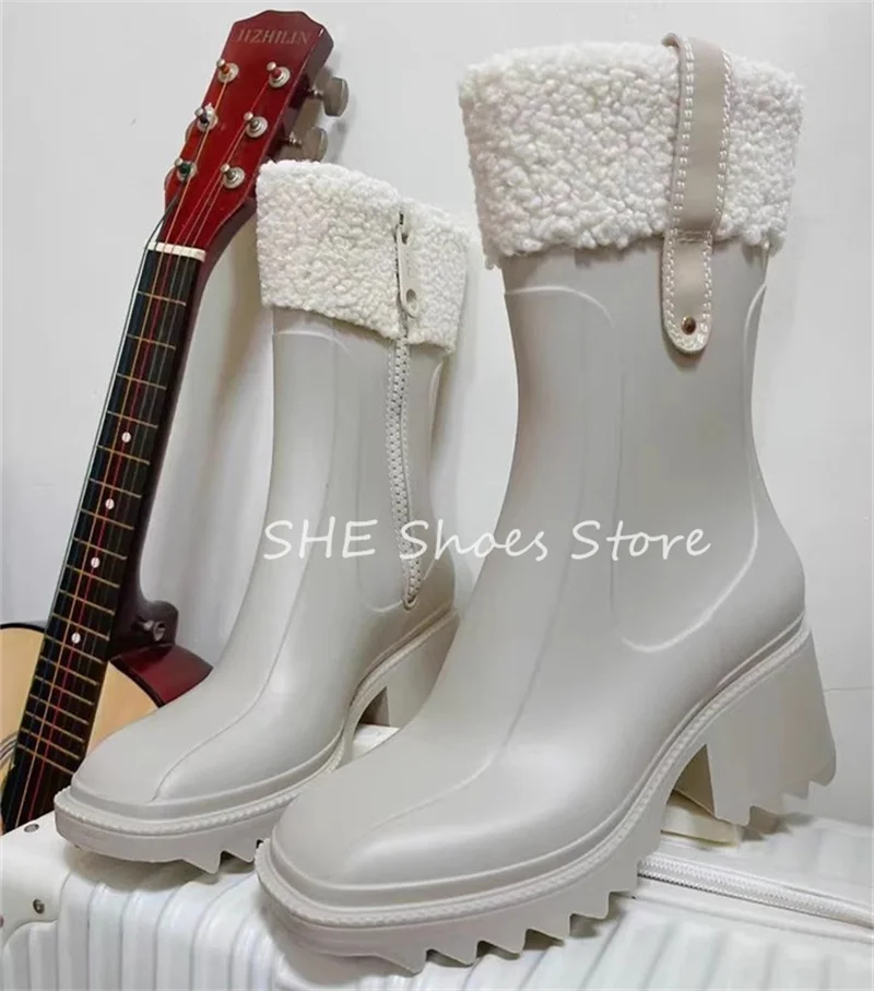 Winter Warm Wool Splicing Leather Shoes Women Snow Boots Retro Round Toe Chunky Heel Knight Boots Ladies Casual Mid-Calf Boots