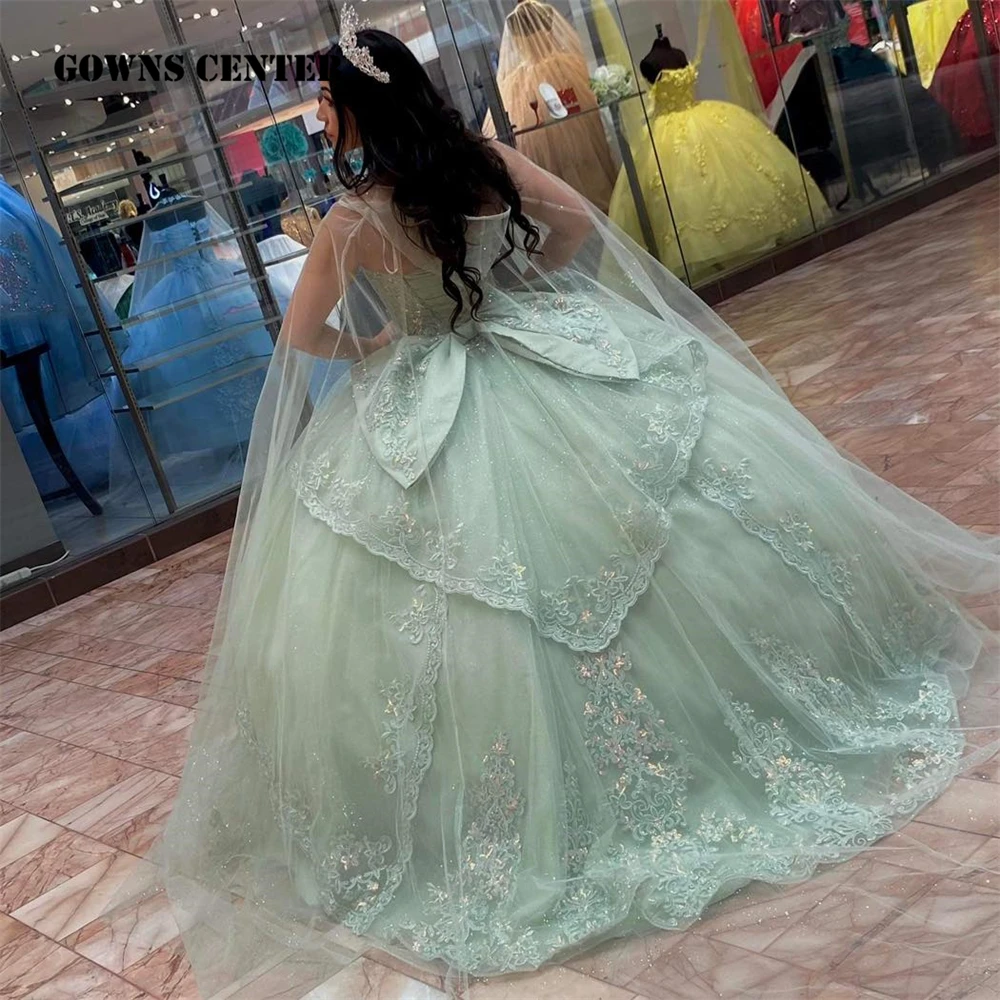 Tulle Cape Sage Green Quinceanera Dress 2024 With Bow Party Dresses Shinning Appliques Birthday Sweet 16 Dress Customized