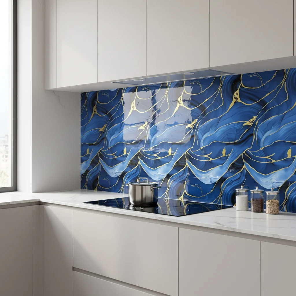 foil Glossy Dark Blue Gold Vein Marble Peel and Stick self adhesive Wallpaper Waterproof Kitchen Backsplash Contact Paper