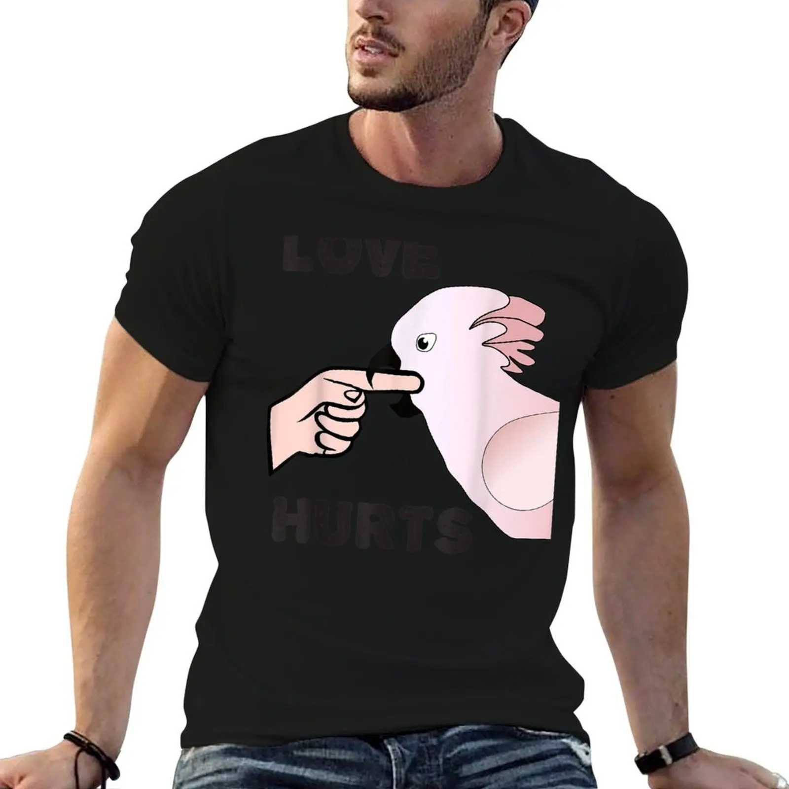 

Love Hurts Moluccan Cockatoo Parrot Biting Finger T-Shirt t shirts for man pack cotton t shirts for man slim fit T-Shirt