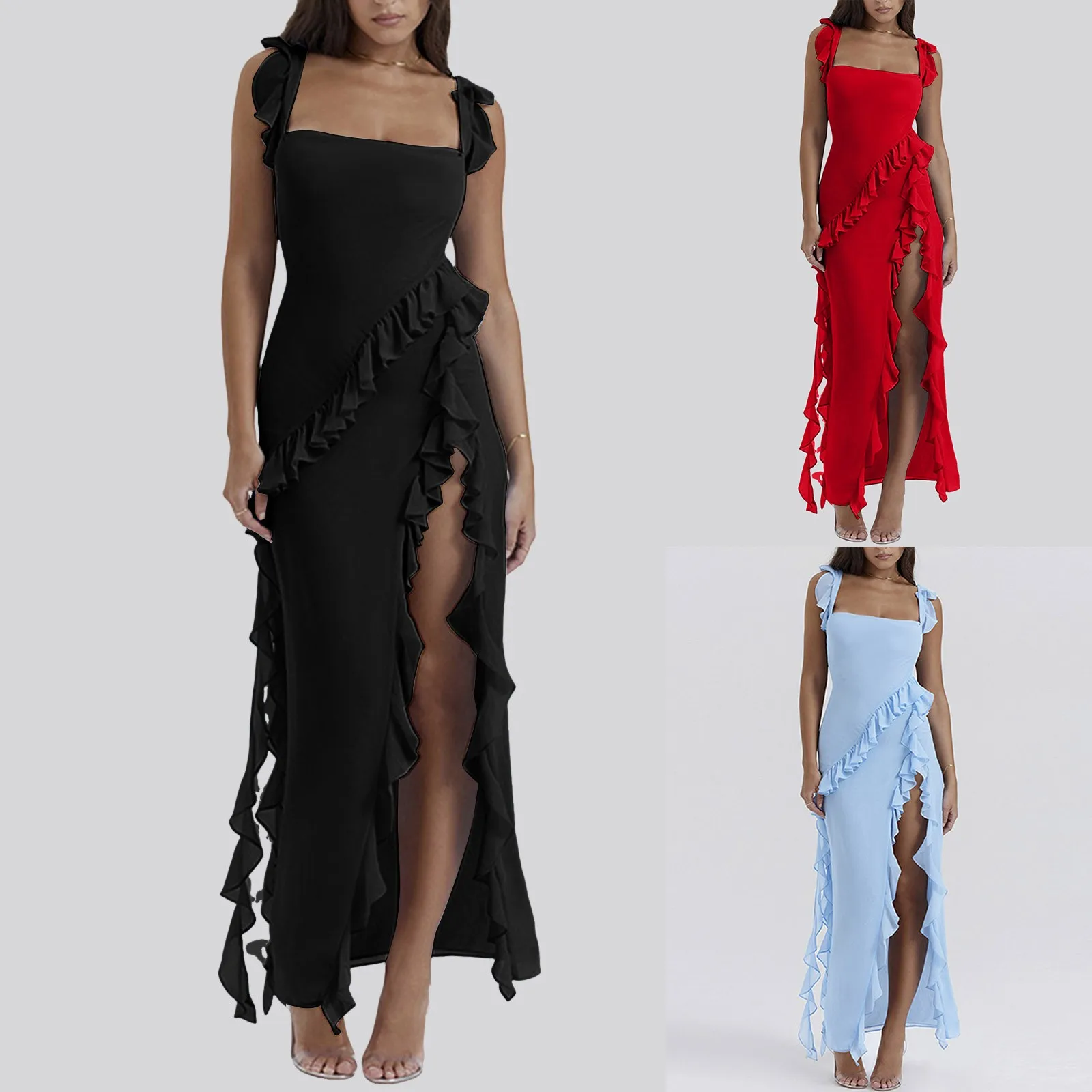 Elegant High Slit Streamer Ladies Dress Sexy Square Neck Slip Dresses Hot Girl Style Long Dress Ruffle Irregular Party Dresses