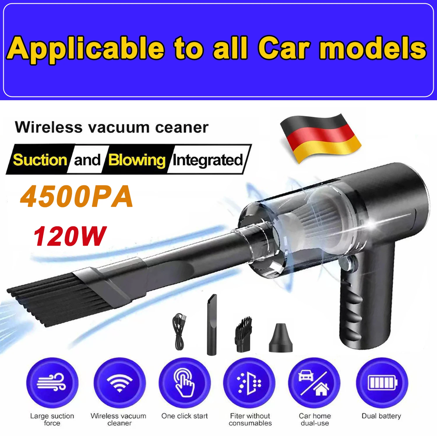 Portable Wireless Car Vacuum Cleaner Wireless Vacuum Cleaner Dual Use for Home and Car 120W High Power Powerful Vacuum Cleaner