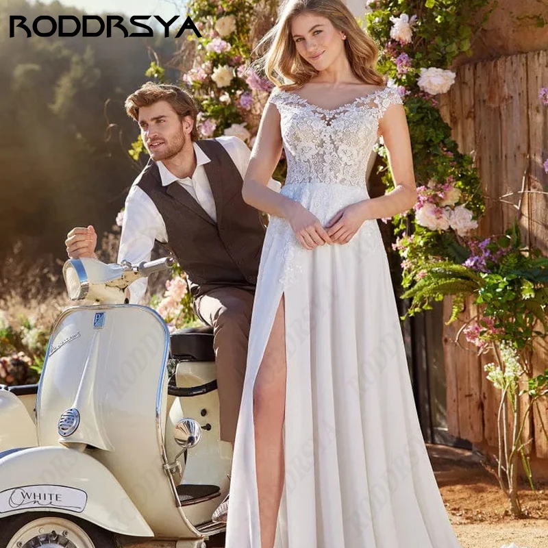 RODDRSYA Off Shoulder Beach Wedding Dress For Women Chiffon High Split Bride Party Boho Bridal Gown Sleeveless Robe De Marie