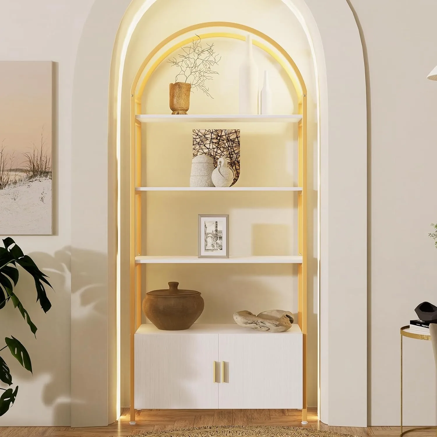 Gold Bookshelf, Arched Bookcase with Doors Storage, 71