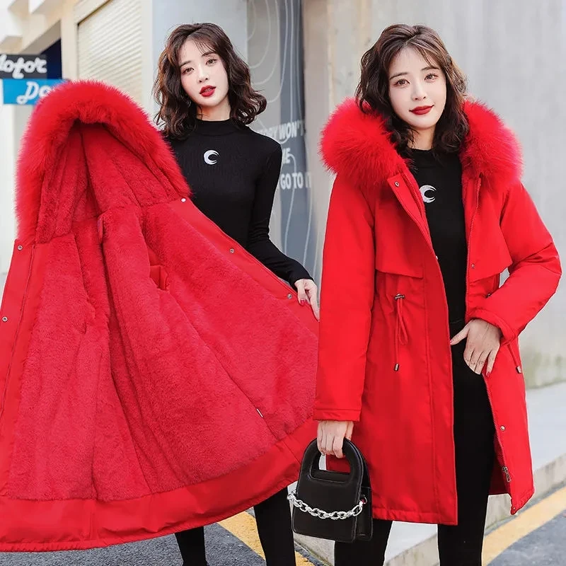 Plush Lining Winter Parkas Womens Thicken Warm Cotton-Padded Coats Long Winter Jacket Hooded Windproof Snow Wear Female Overcoat