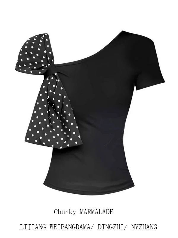 

Женская футболка больших размеров, летний дизайн, в горошек, с узлом, короткий рукав, асимметричный вырез на плече, Pure Desire, повседневная