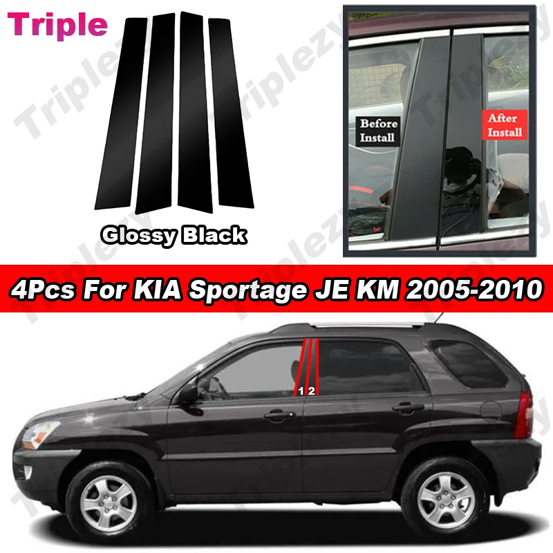 

For KIA Sportage JE KM 2005-2010 4Pcs Glossy Piano Black Door Window B C Pillar Post Cover Trim PC Material Carbon Fiber Sticker