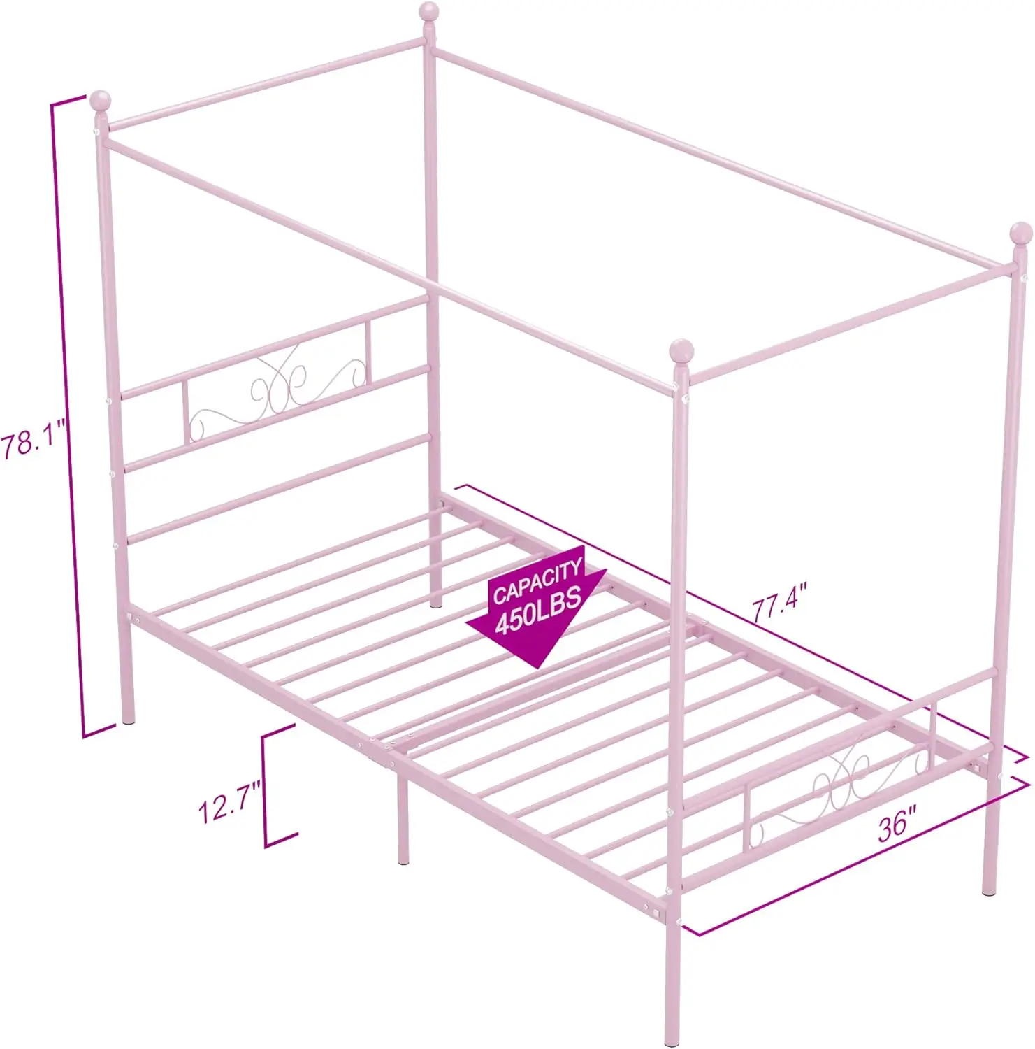 Twin hemelbedframe met hoofdeinde en voeteinde, 4-posters metalen bedframe, geen boxspring nodig, matrasfundering