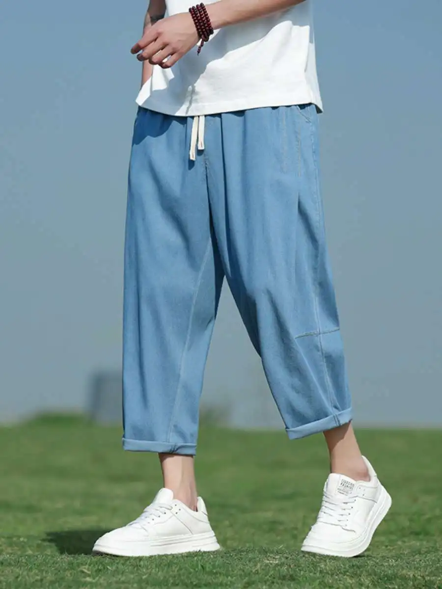 

Новые мужские летние тонкие широкие джинсы свободного покроя, крутые брендовые удобные легкие джинсовые брюки больших размеров на семи футов