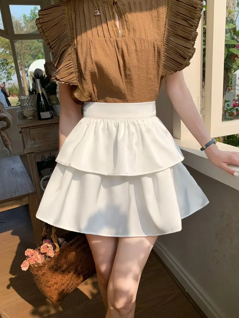 ピンクのサマーラッフルサテンケーキスカート、女性用ハイウエストカジュアルボールガウン、スイートショートスカート