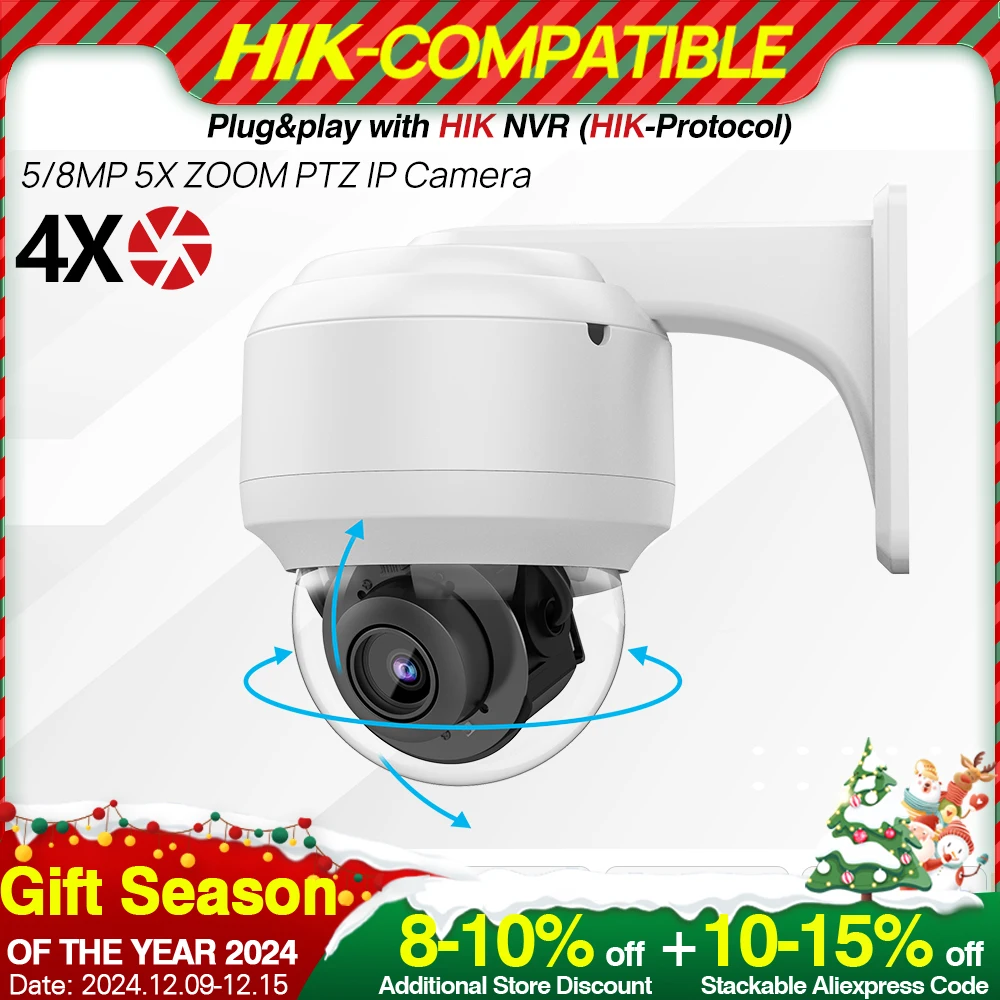  4K PTZ IP Camera 5MP 8MP PoE High-Speed Dome 4X Optical Zoom Built-in Mic Outdoor IP66 Include Wall Bracket HIK Protocol