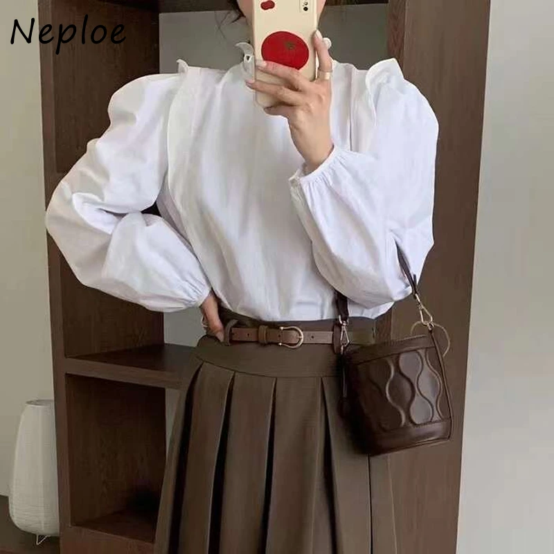 Neploe 2024 Autumn Korean Loose Simple Temperament Blouses Femme Age Reducing Sweet Gentle Stand Up Collar Mushroom Edge Shirt