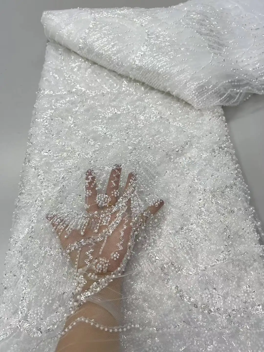 

2025 African French Nigerian High End Tulle Lace Fabric With Beads Sequins Mesh for Embroiderg Wedding Party Bride Sewing Dress