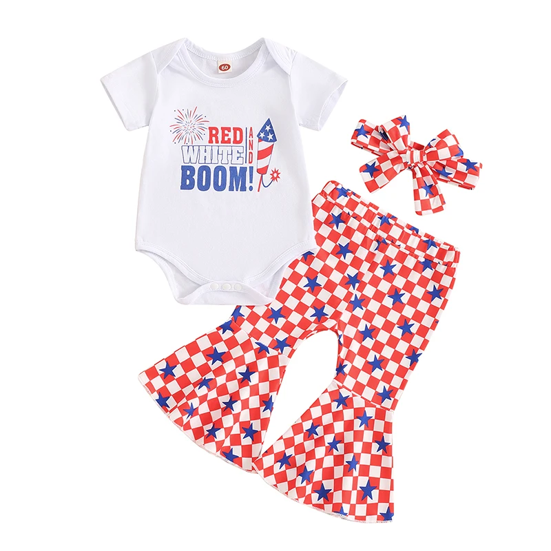 

Baby Girls Summer Outfit Short Sleeve Letters Print Romper with Plaid Flare Pants and Headband 4th of July Clothing