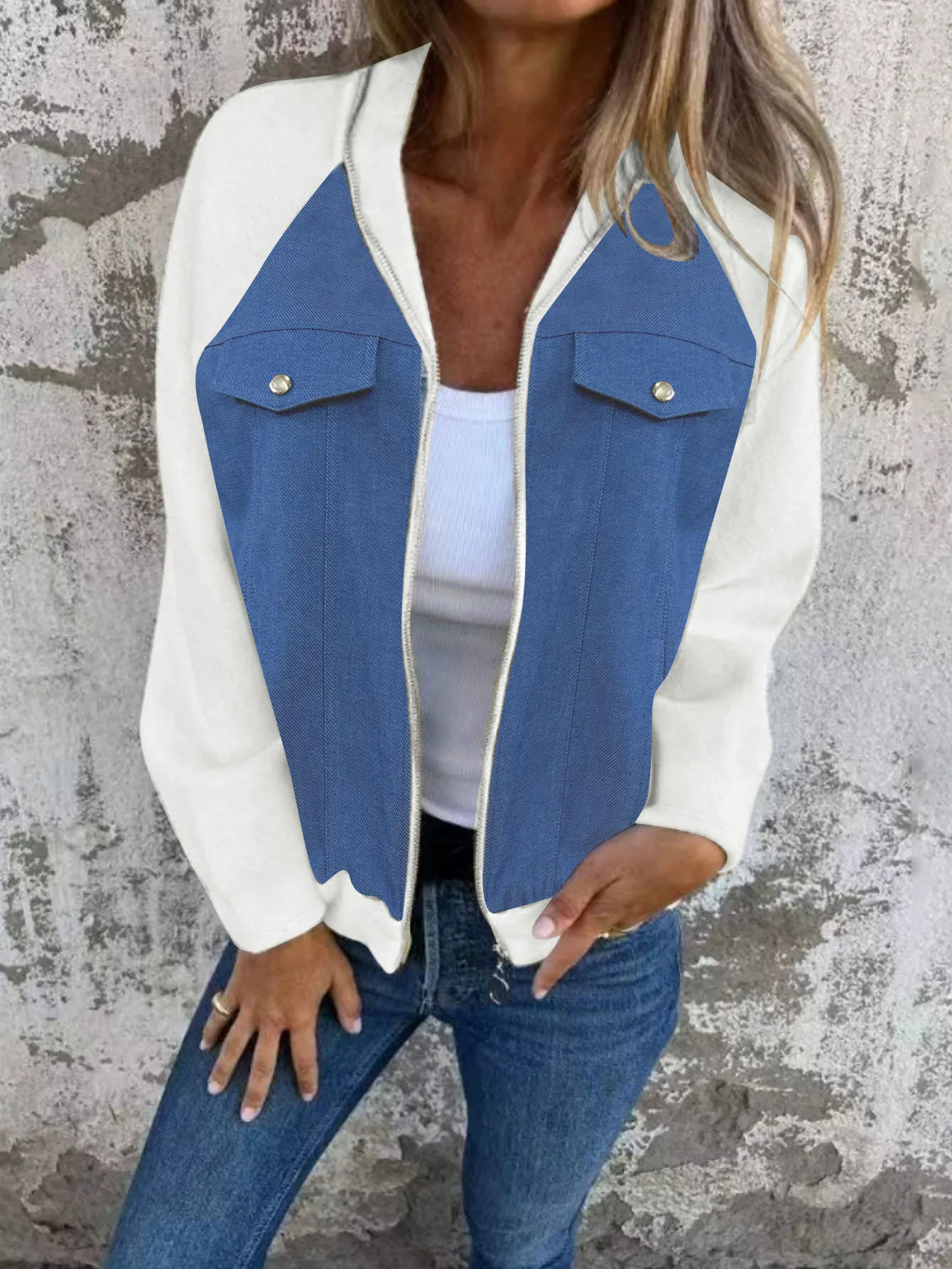 

Women's New Autumn/Winter Casual Color-Block Zipper Comfortable Denim Patchwork Jacket Outerwear