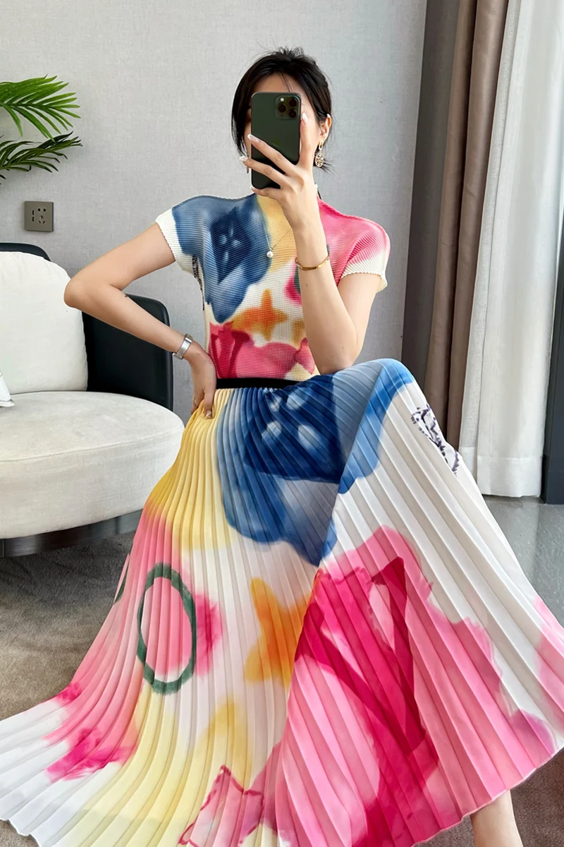 Women Fashion Printed Pleated Skirt Set Summer Elegant Lady Two Piece Set Casual Short Sleeve Top Skirt Suit Female Outfit