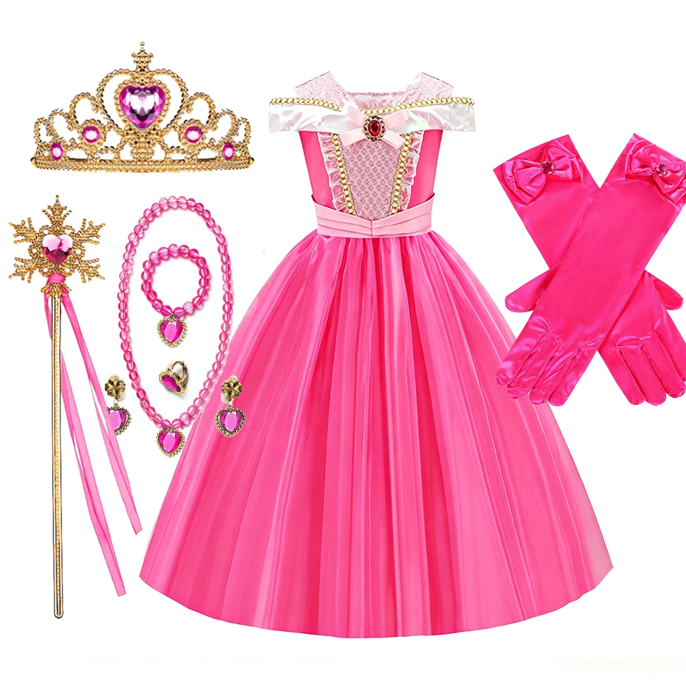 Kinder Rosa Feenprinzessin Kostüm Mädchen Geburtstag Schulterfreies Ballkleid mit Krone Zauberstab Handschuhe Set Kinder Halloween Kostüme – Detail 6
