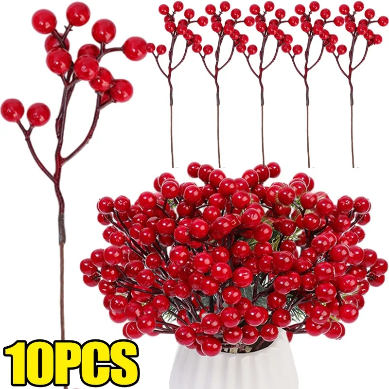 1-10Pcs Artificial Flower Christmas Red Berries Branches Cherry Stamen Christmas Tree Ornaments Noel 2023 DIY Wreath Decorations