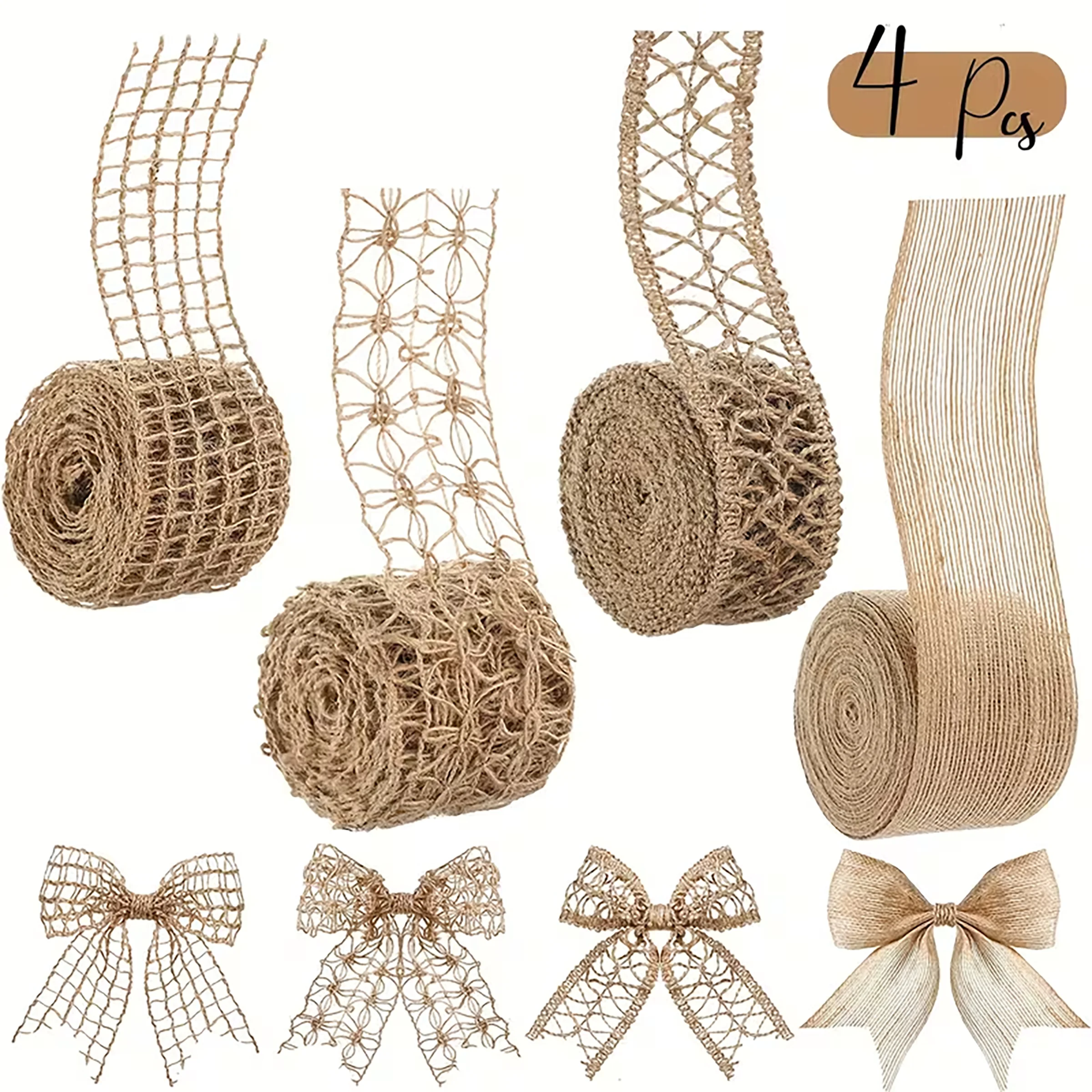 4 Rolls of Natural Hemp Rope Lace Net - 5.0cm Width, Decorative Woven Ribbon for DIY Crafts, Wedding Decorations, Home Decor
