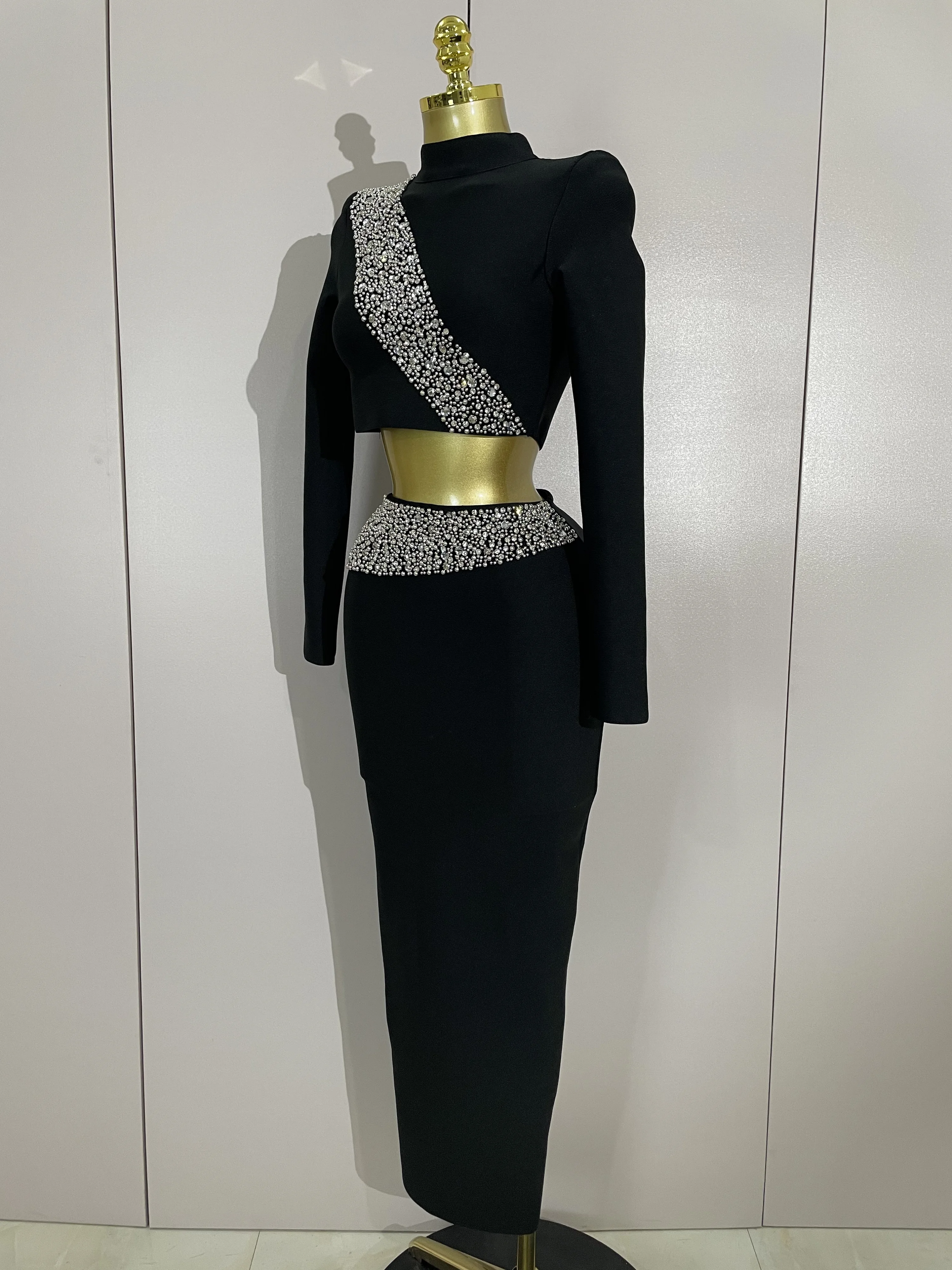 Sexy Sparkly Strass Perle Zwei Stücke Lange Bandage Rock Hohe Qualität Frauen Elegante Promi Abend Geburtstag Party Kleid