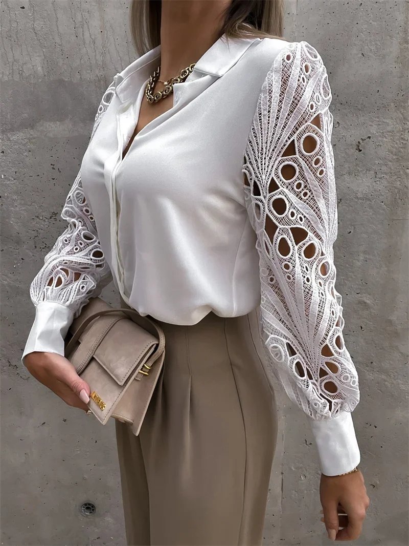 Elegant Hollow Out Lace Long Sleeves Shirt Women Solid Color Single-breasted Cardigan Blouse Female Spring Casual Commuter Tops