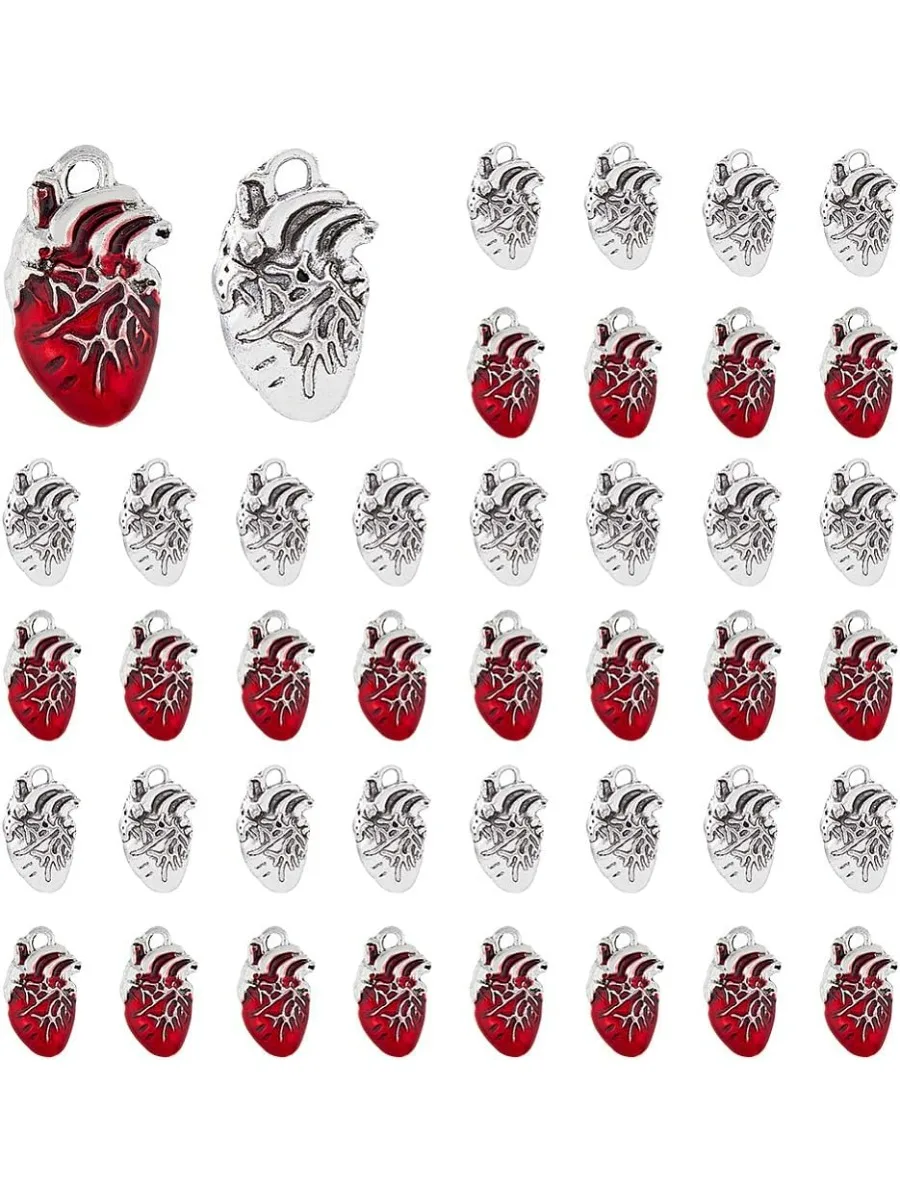 60Pcs Alloy Red Heart Charms 2 Colors Anatomical Heart Charms 3D Heart Organ Charms Tibetan Style Human Anatomy Pendants for