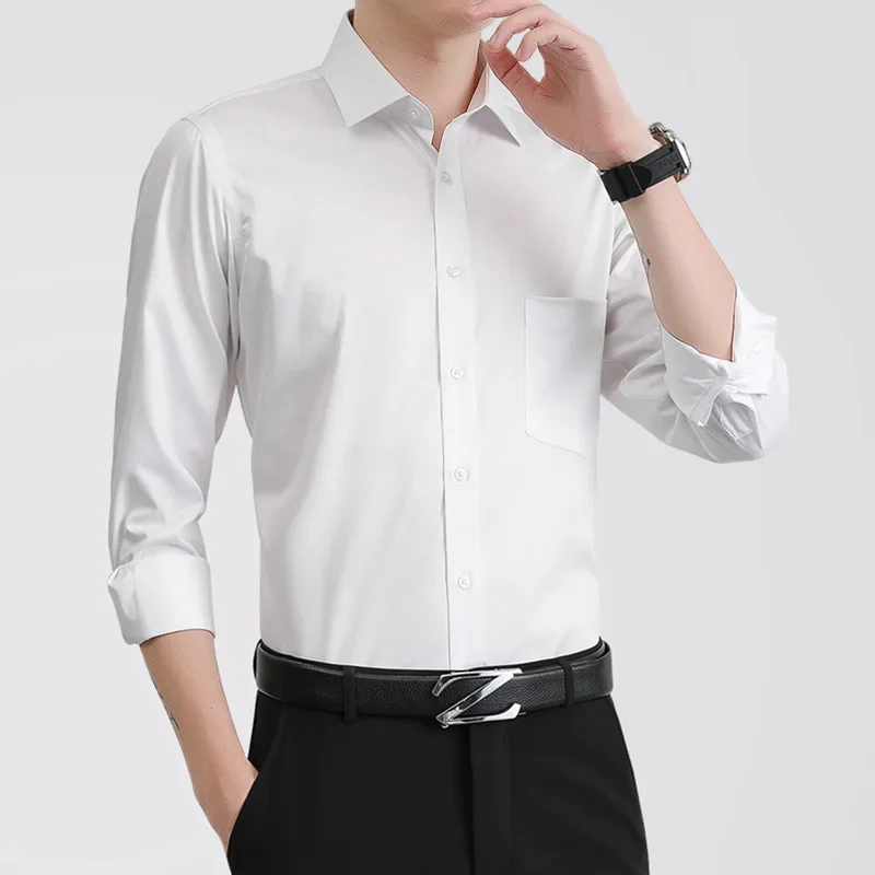 Men\'s Classic Solid Long Sleeve Dress Shirts Formal Business Social Simple White Work Office Casual Short Sleeve Shirt Y2k