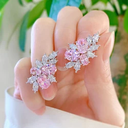 Huitan Dazzling Pink CZ Stud Earrings for Women Sweet Ear Piercing Accessories Engagement Party Luxury Trendy New Jewelry