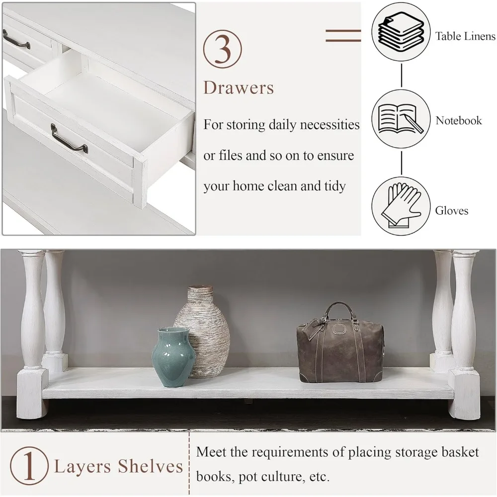 طاولة كونسول طويلة مقاس 63 بوصة مع 3 أدراج ورف سفلي واحد، طاولة أريكة من الخشب الصلب سميكة للغاية للمدخل والممر وغرفة المعيشة