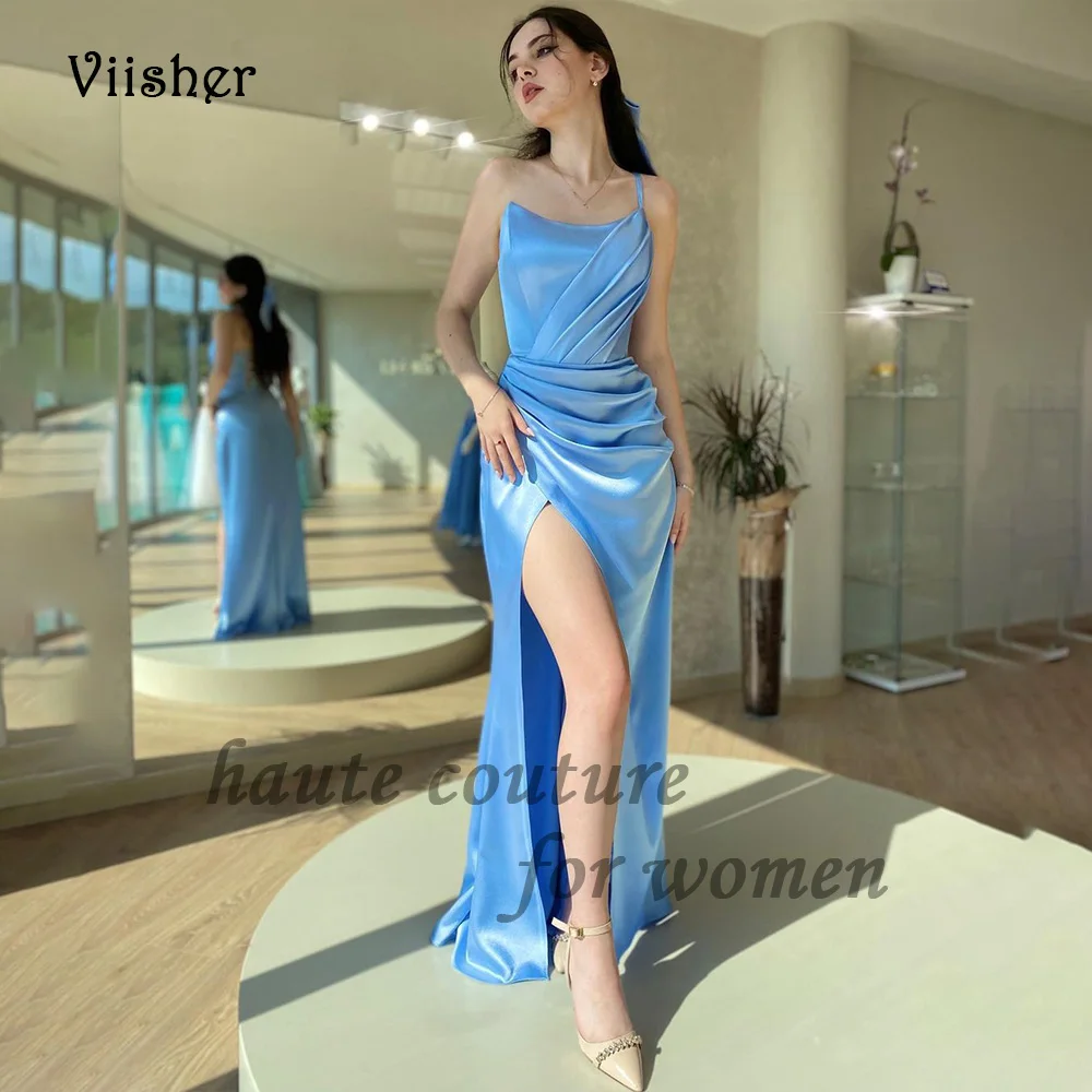 

Viisher Blue Mermaid Prom Dresses with Slit One Shoulder Pleats Satin Formal Party Dress Floor Length Evening Party Gowns