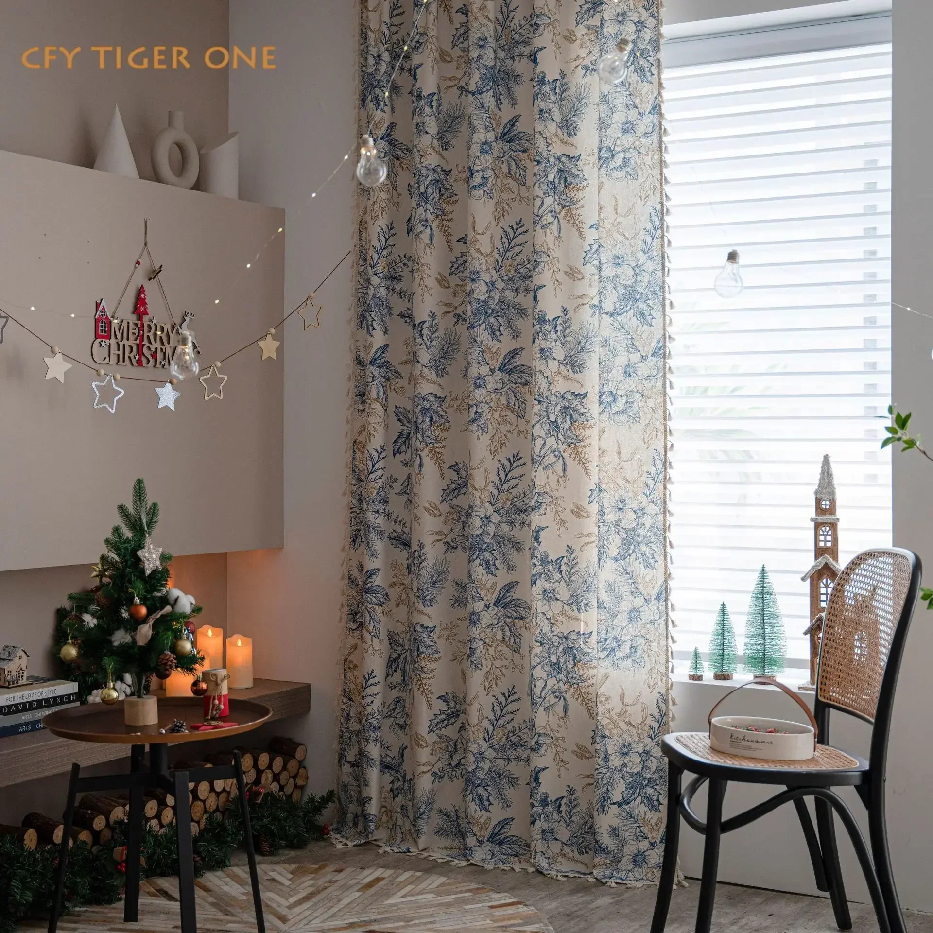 

America Christmas Pine Branches Cotton Linen Window Curtain with Tassels Blackout Drapes for The Luxury Living Room Curtains