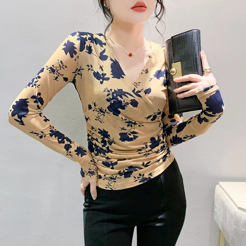 M-3XL New Autumn Chic Long Sleeved T-Shirt Women's Elegant Cross V-Neck Slim Shiny Mesh Tops Tees Blusas