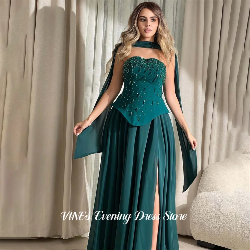 

VINES Emerald Green Evening Dress with Beaded Bustier Party Dress High Slit Prom Gown Strapless Chiffon robes du soir Customized