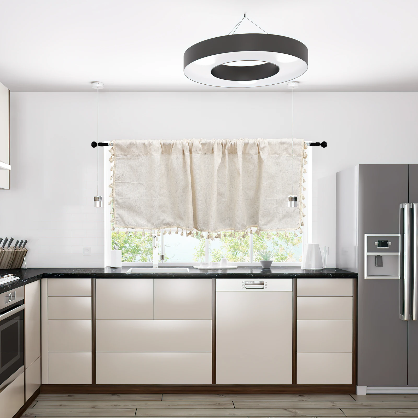 

Linen Valance Curtains Short Blackout Kitchen Over Sink Small Windows Cabinet Door Decor Tassel Style Washable