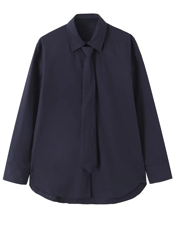 Damska koszula codzienna 2025, damska jesienna moda, koszula z długim rękawem, jednolity kolor, zapinana na guziki, z wiązaniem, elegancka koszula damska w stylu high street.